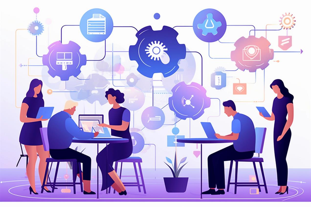 Graphic of people working and various cogs above them