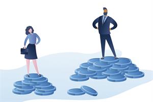 Gender pay gap graphic of a woman and a man standing on a stack of coins with the woman being lower down