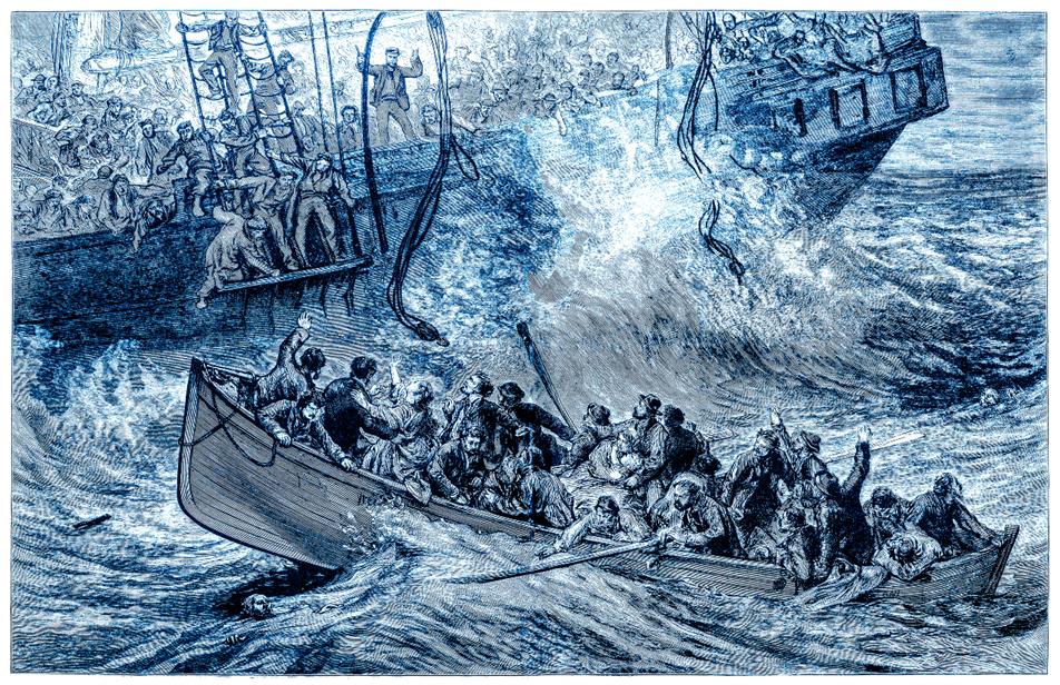 Illustration of a large boat in a storm at sea