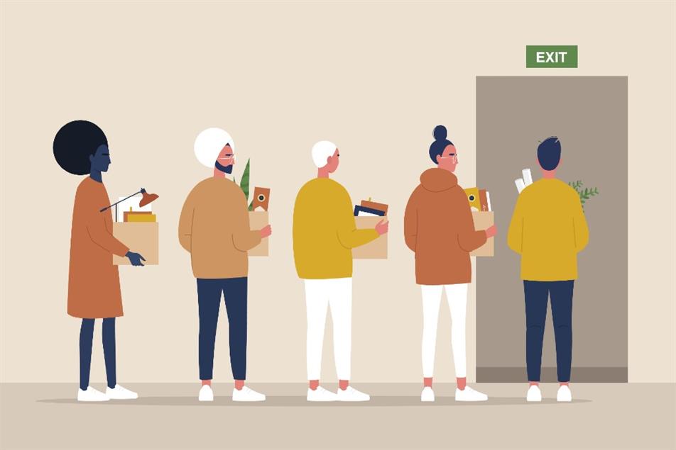 a graphic of people leaving job with their desk belongings