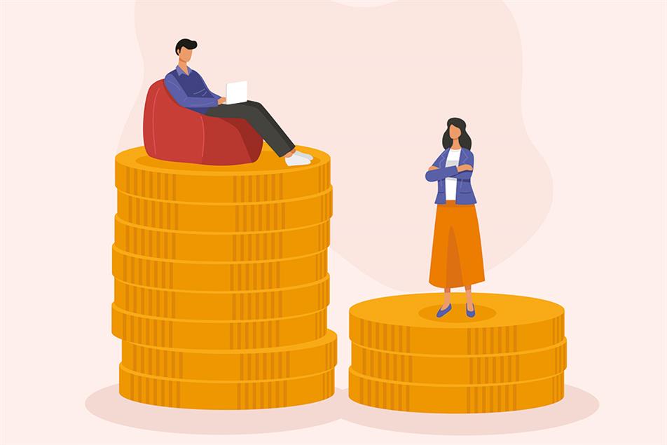 gender pay gap graphic with a woman and a man standing on a pile of coins with the man being much higher