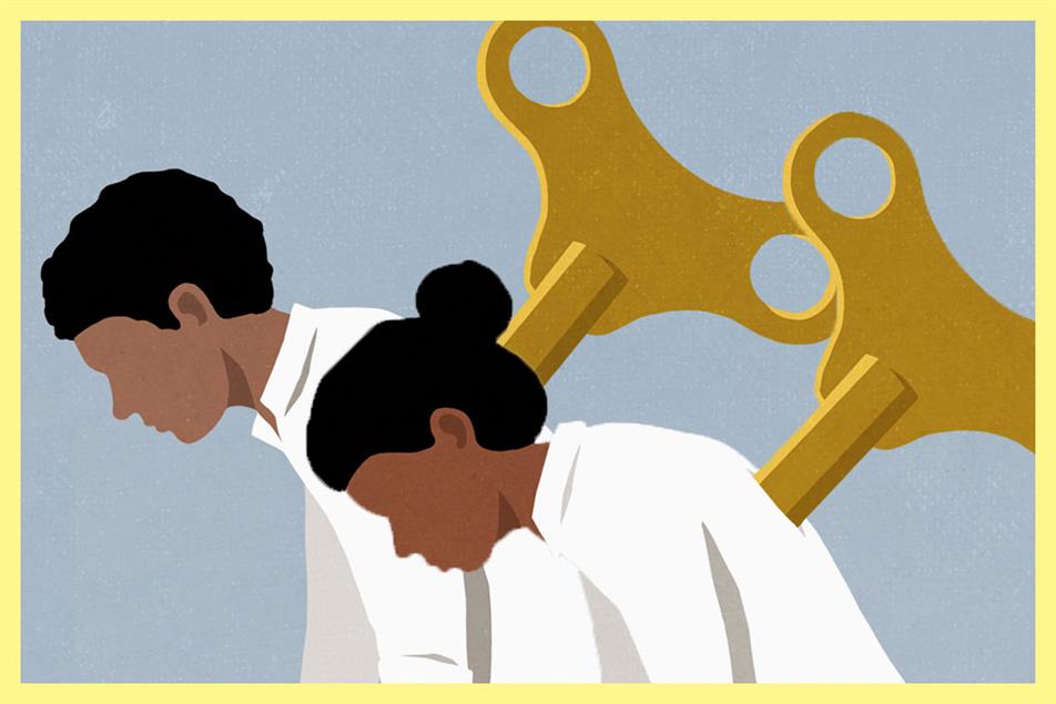 People leaning over with keys in their backs