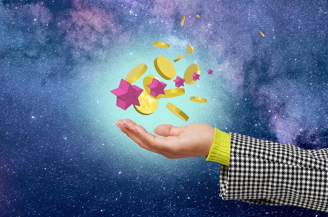 Graphic of coins and stars floating above a hand