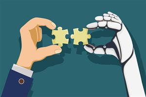 An illustration of robot and human hands holding puzzle pieces