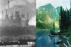 Factory picture next to lake and mountains picture