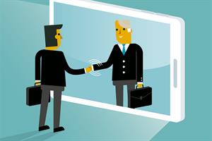 Illustration of men shaking hands in a mobile phone