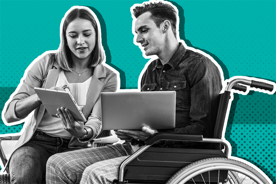 Two people sat talking with laptops