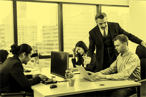 People sitting at a desk in an office with someone standing next to them