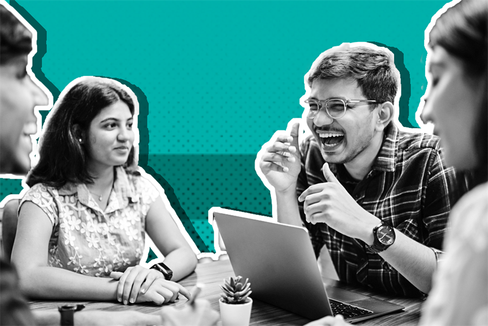 Gen Z colleagues laughing and talking
