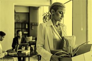 Woman carrying box out of an office