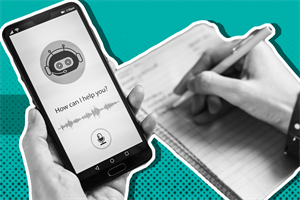 Person making notes with a pen and notepad and holding a phone with an AI chatbot on it