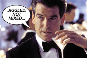 James Bond holding a martini glass with speech bubble