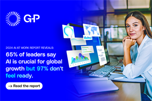 woman at computer screen next to stat saying '65% of leaders day AI is crucial for global growth but 97% don't feel ready