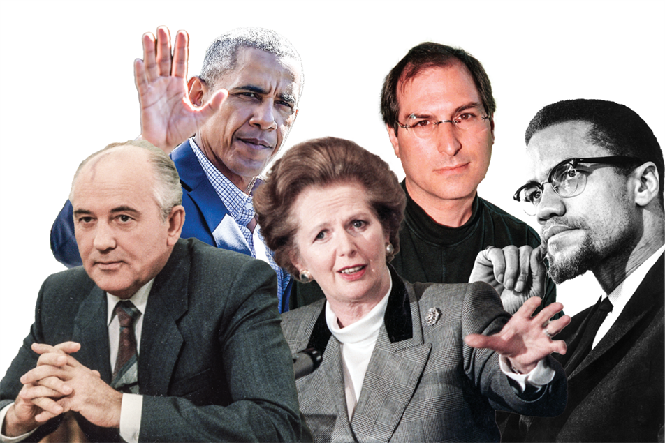 Collage of people including Malcolm X, Steve Jobs, Margaret Thatcher, Barack Obama and Mikhail Gorbachev