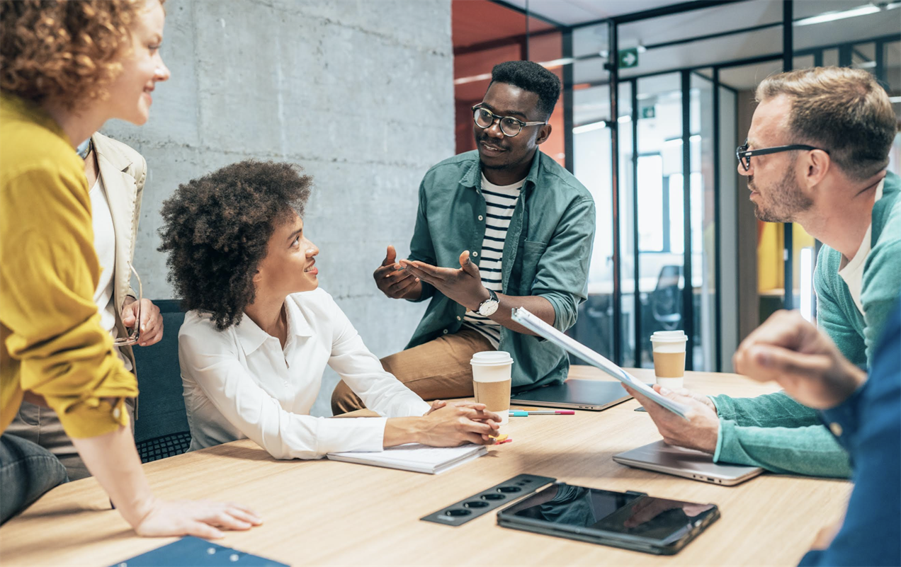 Diverse group of workers engaging in a meeting