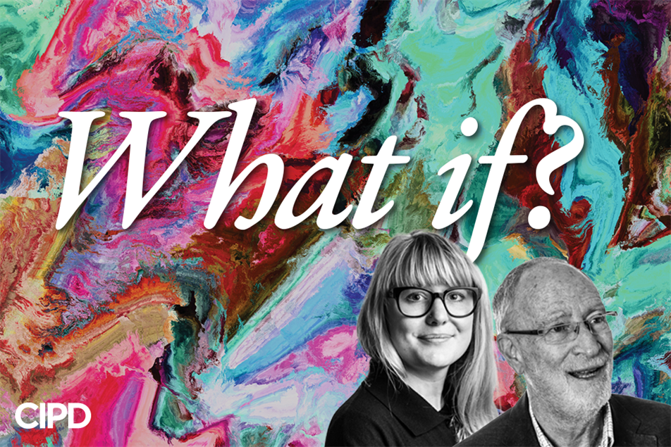 What If podcast logo with black and white photos of the contributors 